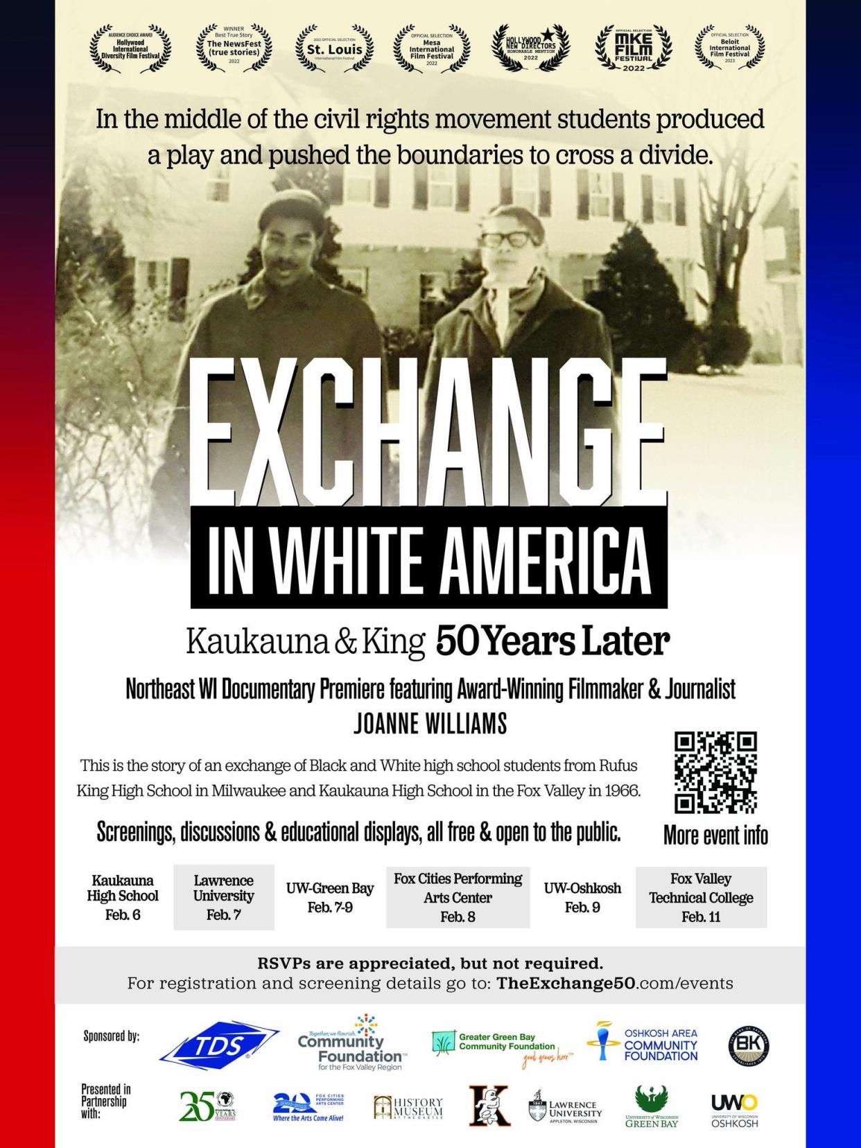 A poster for the documentary "The Exchange: In White America." The documentary depicts a 1966 exchange between Black and white students in Kaukauna and Milwaukee. Eight free showings of the film will take place during Feb. 2023 in northeastern Wisconsin.
