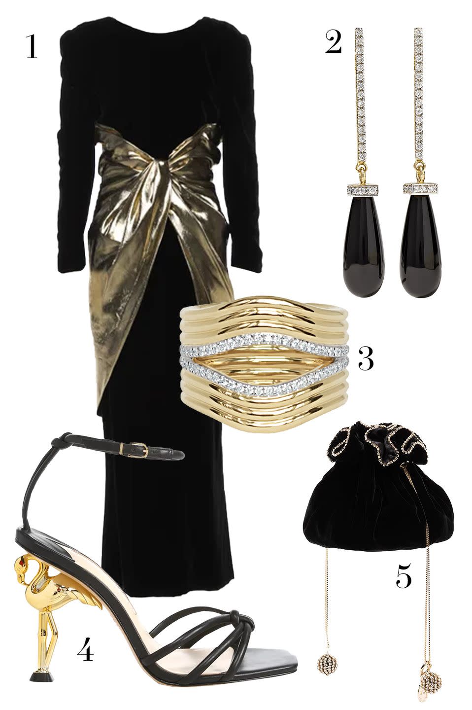 <p>Sometimes you find just the right party dress... but don't exactly have a party for it yet. A head-turning discovery, like this Valentino dress, is worth the wait. Let it take center stage with coordinating black and gold accessories that offer just the right amount of sparkle. </p><ol><li><a href="https://go.skimresources.com?id=74968X1525087&xs=1&url=https%3A%2F%2Fwww.therealreal.com%2Fproducts%2Fwomen%2Fclothing%2Fdresses%2Fvalentino-vintage-long-dress-7q6ko%3Fposition%3D14" rel="noopener" target="_blank" data-ylk="slk:Valentino via RealReal;elm:context_link;itc:0;sec:content-canvas" class="link ">Valentino via RealReal</a> 2. <a href="https://go.skimresources.com?id=74968X1525087&xs=1&url=https%3A%2F%2Fwww.net-a-porter.com%2Fen-us%2Fshop%2Fproduct%2Fmateo%2F14-karat-gold-onyx-and-diamond-earrings%2F1225843" rel="noopener" target="_blank" data-ylk="slk:Mateo;elm:context_link;itc:0;sec:content-canvas" class="link ">Mateo</a> 3. <a href="https://go.skimresources.com?id=74968X1525087&xs=1&url=https%3A%2F%2Fwww.almasika.com%2Fcollections%2Frings%2Fproducts%2F17" rel="noopener" target="_blank" data-ylk="slk:Almasika;elm:context_link;itc:0;sec:content-canvas" class="link ">Almasika</a> 4. <a href="https://go.skimresources.com?id=74968X1525087&xs=1&url=https%3A%2F%2Fwww.saksfifthavenue.com%2Fsophia-webster-flo-flamingo-heel-leather-sandals%2Fproduct%2F0400012530132%3FFOLDER%253C%253Efolder_id%3D2534374306624269%26R%3D5057467214155%26P_name%3DSophia%2BWebster%26N%3D306624269%2B4294929607%2B4294929608%2B4294877656%26bmUID%3DnddGCRa" rel="noopener" target="_blank" data-ylk="slk:Sophia Webster;elm:context_link;itc:0;sec:content-canvas" class="link ">Sophia Webster</a> 5. <a href="https://go.skimresources.com?id=74968X1525087&xs=1&url=https%3A%2F%2Fwww.farfetch.com%2Fshopping%2Fwomen%2Frosantica-black-moneta-clutch-bag-item-15143300.aspx%3Fstoreid%3D9359" rel="noopener" target="_blank" data-ylk="slk:Rosantica;elm:context_link;itc:0;sec:content-canvas" class="link ">Rosantica</a></li></ol>