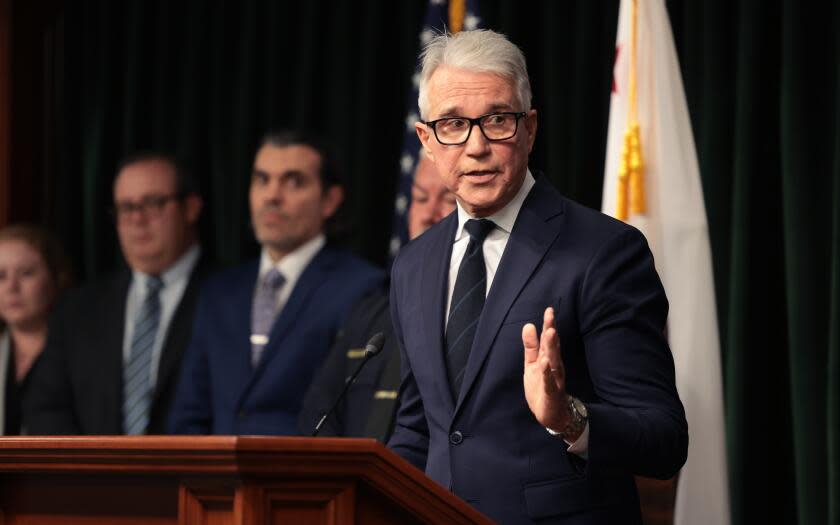 Los Angeles, California January 9, 2024-Los Angeles County District Attorney George Gascon announces charges against two men in two sexual assault casein Culver City and Long Beach during a press conference at the Hall of Justice in Los Angeles. (Wally Skalij/Los Angeles Times)