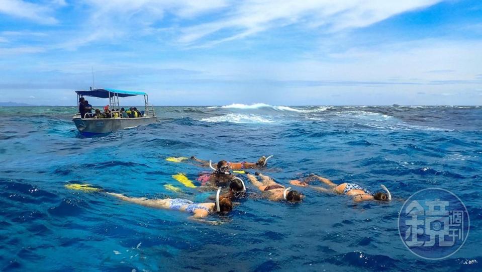 此處是斐濟唯一可以與鯊魚浮潛的地方，不會游泳者也可讓教練拉著救生圈探索海洋世界。
