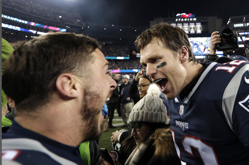 <p>New England Patriots wide receiver Danny Amendola, left, and quarterback Tom Brady celebrate their victory over the Jacksonville Jaguars in the AFC championship NFL football game, Sunday, Jan. 21, 2018, in Foxborough, Mass. (AP Photo/David J. Phillip) </p>