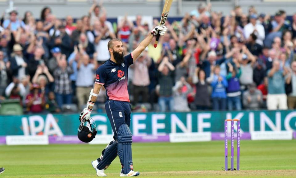 Moeen Ali celebrates his century against West Indies at the Brightside County Ground.