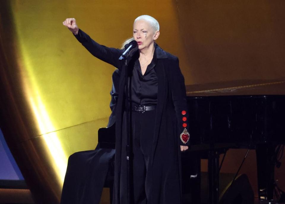 Annie Lennox called for a ceasefire live at the Grammys during a tribute for Sinead O’Connor. Chelsea Lauren/Shutterstock