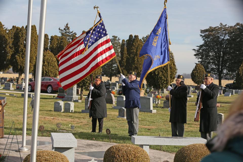 The color guard from American Legion Post 324 in Genoa participated in the Wreaths Across America ceremony on Saturday at Clay Township Cemetery in Genoa. More than 2,000 wreaths were placed on veterans' graves across Ottawa County on Saturday by military servicemen and volunteers through the Wreaths Across America program.