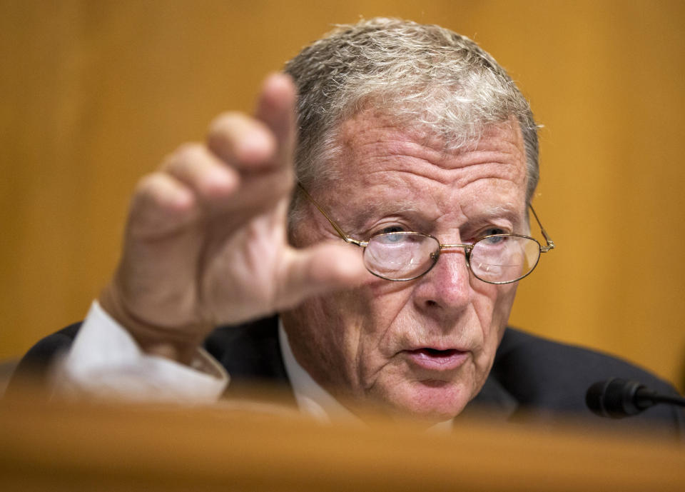 FILE - Senate Environment and Public Works Committee Chairman Sen. James Inhofe, R-Okla., speaks on Capitol Hill in Washington, Sept. 29, 2015. Sen. Inhofe has died Tuesday, July 9, 2024. He was 89. (AP Photo/Manuel Balce Ceneta)