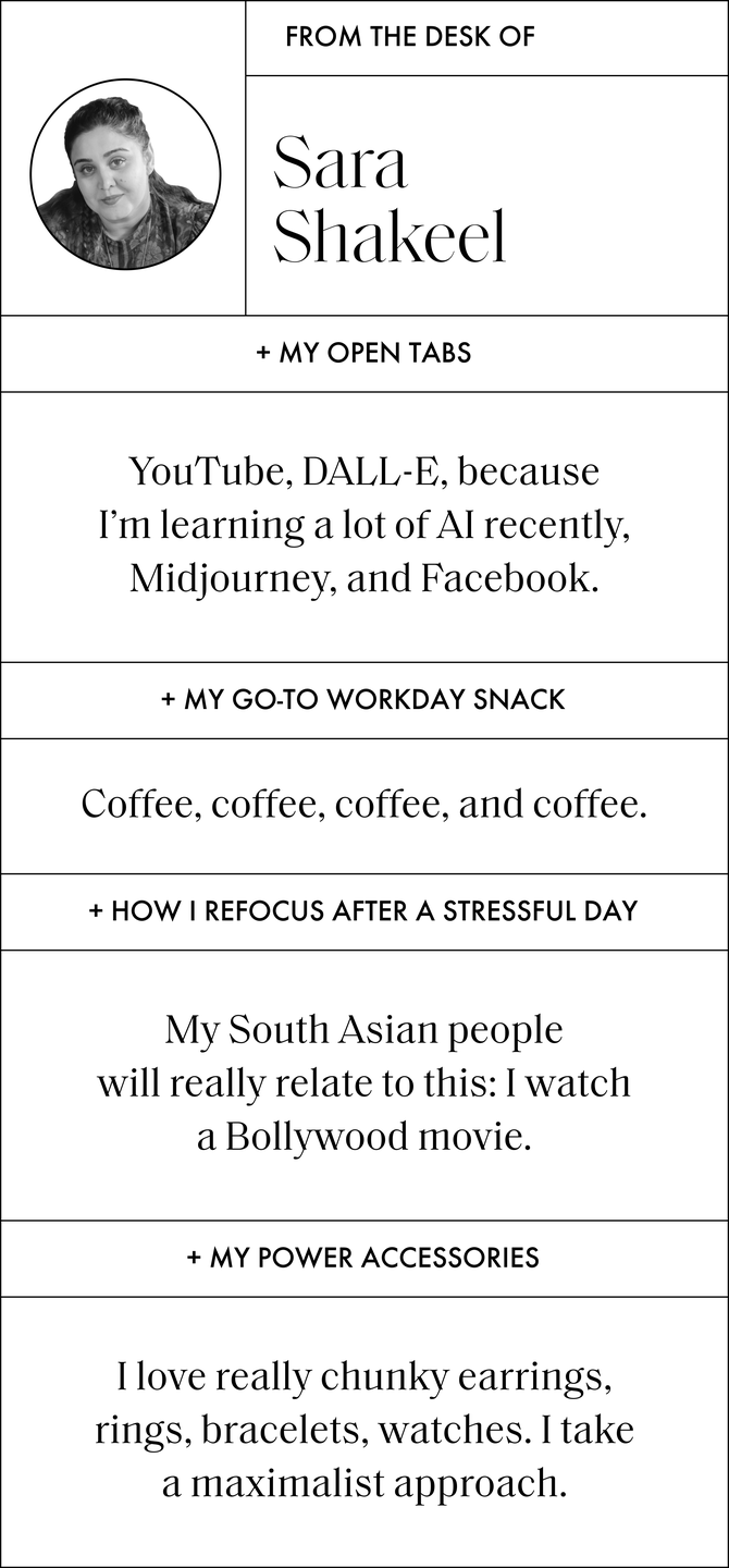 a q and a with sara that reads my open tabs youtube, dall e, because i'm learning a lot of ai recently, midjourney, and facebook my go to workday snack coffee, coffee, coffee, and coffee how i refocus after a stressful day my south asian people will really relate to this i watch a bollywood movie my power accessories i love really chunky earrings, rings, bracelets, watches i take a maximalist approach