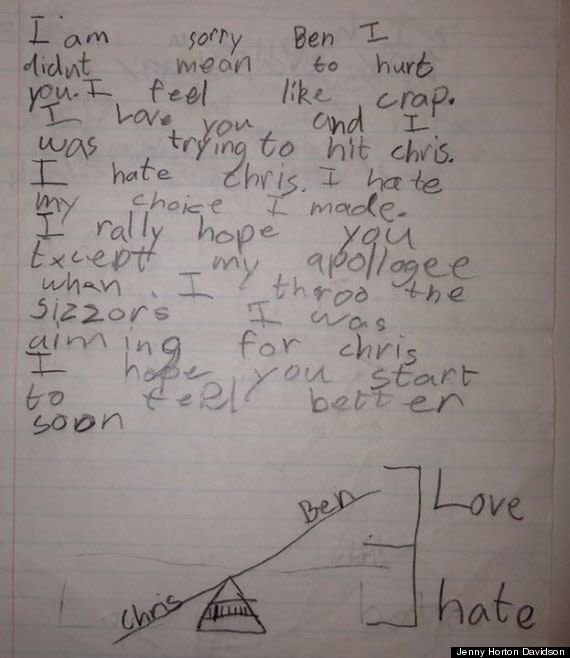 <strong>Author</strong>: Zachary  <strong>Age</strong>: 8  <a href="http://www.huffingtonpost.com/2014/01/15/cute-kid-note-of-the-day-i-am-sorry-ben_n_4604175.html?utm_hp_ref=kid-note-of-the-day" target="_blank"><em>Click here to read the full note</em></a>