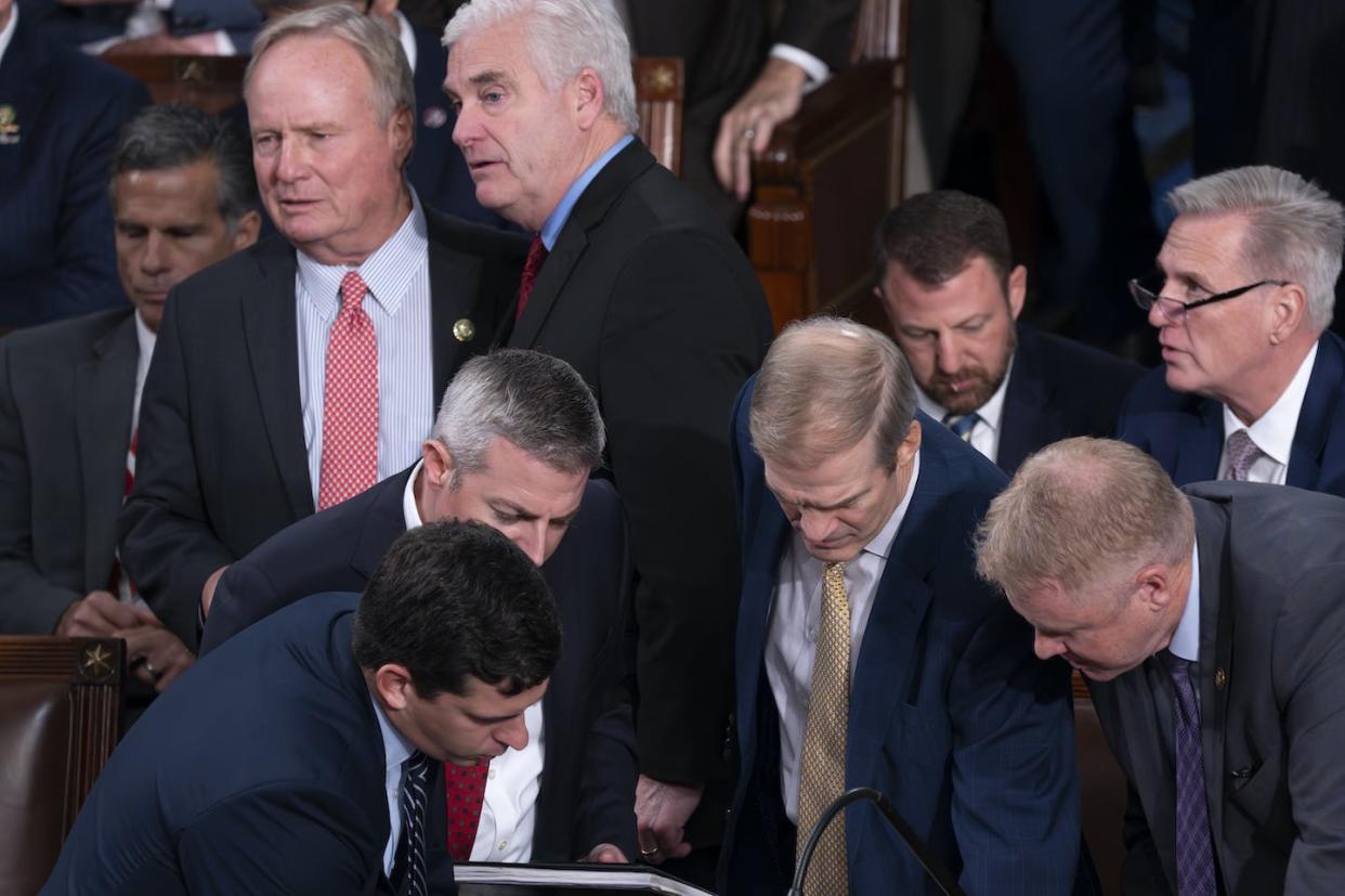 Tabulating votes during one of the many ballots held by House Republicans to choose a speaker. <a href="https://newsroom.ap.org/detail/CongressSpeaker/ff27ba6e7c3444ca9fb9ec68dd187473/photo?Query=speaker%20vote%20House%20GOP&mediaType=photo&sortBy=arrivaldatetime:desc&dateRange=Anytime&totalCount=430&currentItemNo=1" rel="nofollow noopener" target="_blank" data-ylk="slk:AP Photo/J. Scott Applewhite, File;elm:context_link;itc:0;sec:content-canvas" class="link ">AP Photo/J. Scott Applewhite, File</a>