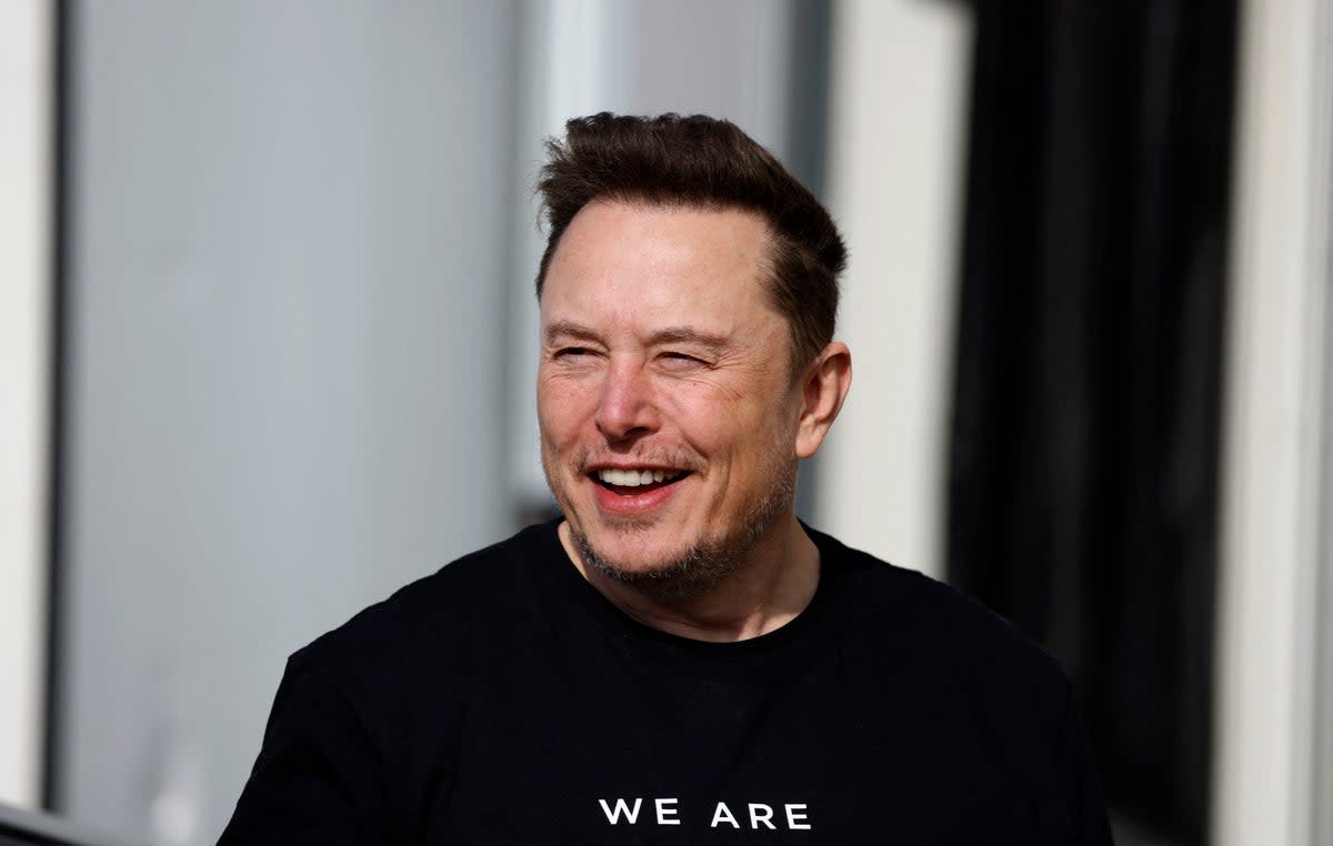 Tesla CEO Elon Musk is pictured during a visit at the company’s electric car plant in Gruenheide near Berlin, eastern Germany, on 13 March 2024, as employees resumed work after production had to be halted due to a suspected arson attack that caused a power outage (AFP via Getty Images)