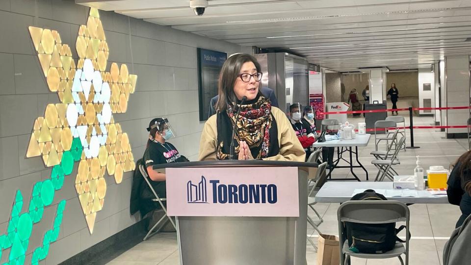 Dr. Eileen de Villa, Toronto's medical officer of health, speaks at Union Station in downtown Toronto on April 4, 2022.