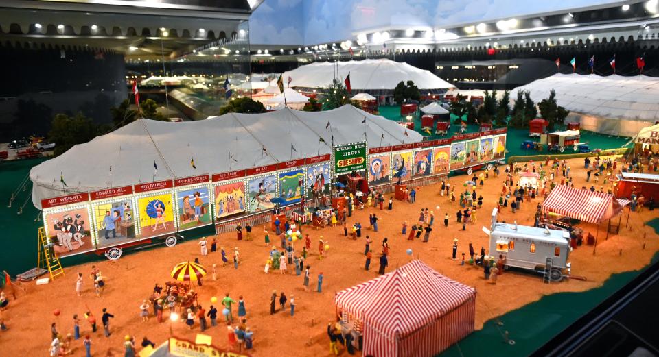 A view of Howard Tibbal's model of all the elements, animals and people involved in setting up a big top traveling circus, that moved by train from town to town across the country before the shows moved into arenas. The Tibbals model takes up most of the first floor of The Ringling Circus Museum.