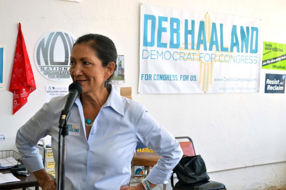 Debra Haaland, a Democratic candidate for Congress, speaks at her Albuquerque, N.M., headquarters in June 2018, as volunteers seek last-minute voters for the Democratic nomination for an open congressional seat in central New Mexico.