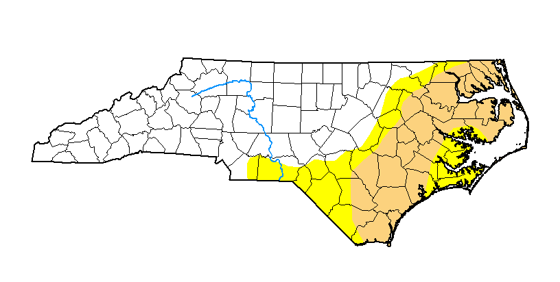 The U.S. Drought Monitor's map as of Thursday showed more than 40% of North Carolina, including all of the state east of I-95, experiencing drought or abnormally dry conditions. The darker the shade shows the drier the conditions