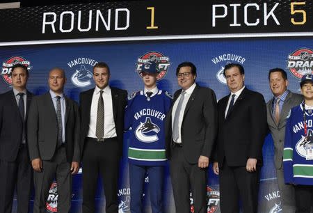 June 23, 2017; Chicago, IL, USA; Elias Pettersson poses for photos after being selected as the number five overall pick to the Vancouver Canucks in the first round of the 2017 NHL Draft at the United Center. Mandatory Credit: David Banks-USA TODAY Sports