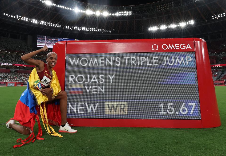 Yulimar Rojas of Venezuela celebrates after breaking the world record of the women's triple jump at Tokyo 2020 Olympic Games, in Tokyo, Japan, Aug. 1, 2021. (Photo by Li Ming/Xinhua via Getty Images)