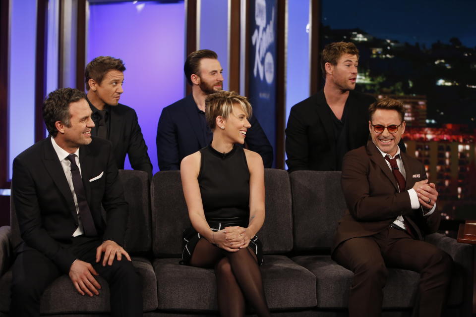 Robert Downey Jr., Chris Hemsworth, Mark Ruffalo, Chris Evans, Scarlett Johansson and Jeremy Renner from the cast of Marvel's highly anticipated new film, 