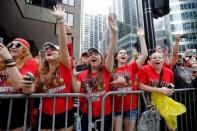 Jun 18, 2015; Chicago, IL, USA; Chicago Blackhawks fans cheer during the 2015 Stanley Cup championship parade and rally at Soldier Field. Mandatory Credit: Jon Durr-USA TODAY Sports