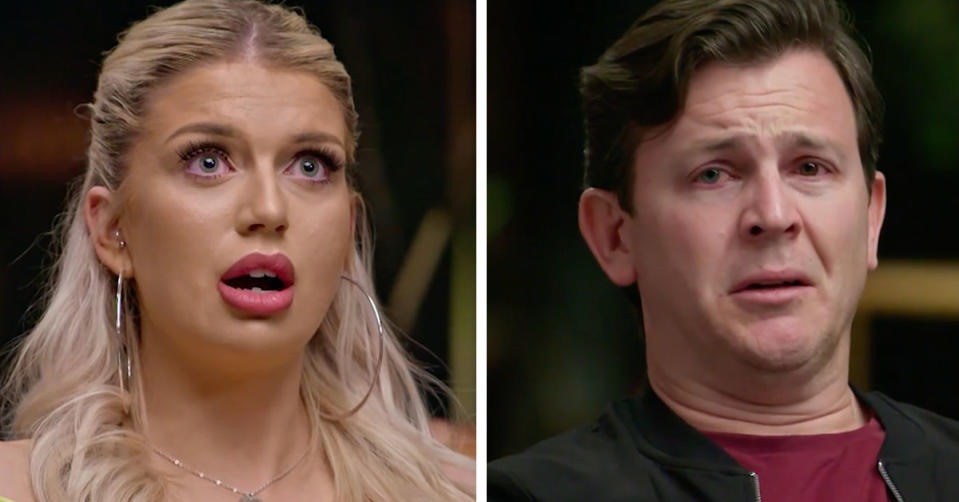 L: MAFS Caitlin McConville looking shocked. R: MAFS Josh looking sad