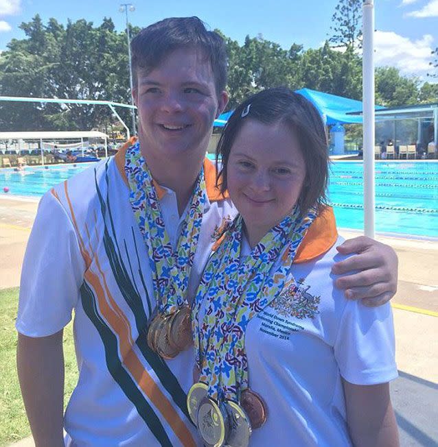 Michael Cox and Taylor Anderton were among 22 Aussie swimmers headed to Florence to compete in the Trisome Games international competition for Down syndrome athletes. Picture: Facebook