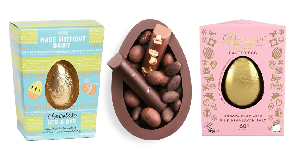 It’s never been easier to buy quality vegan Easter eggs. [Photo: Marks & Spencer/Hotel Chocolat/Divine]