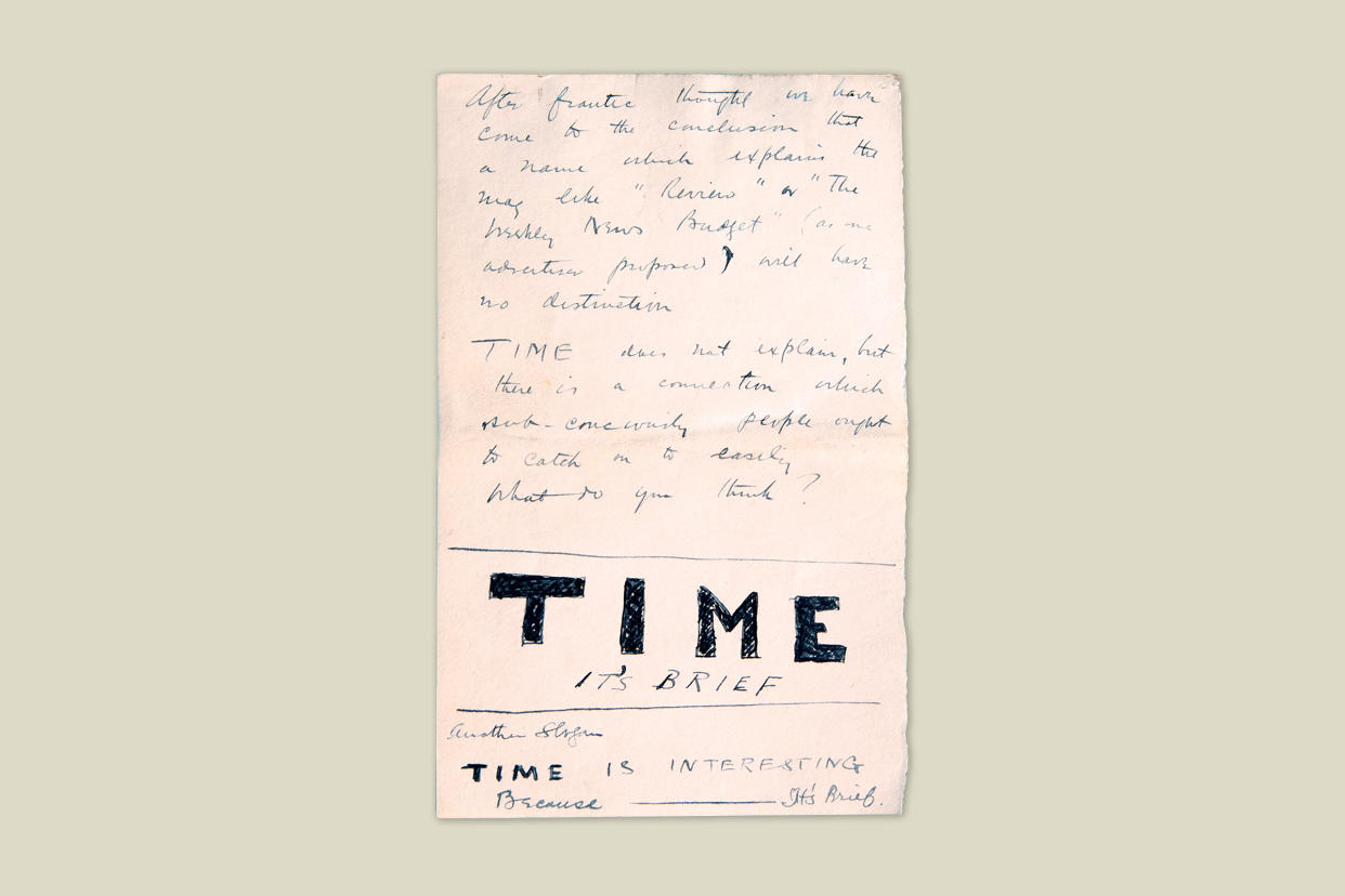 Letter From Henry Luce to Parents: When TIME’s co-founders Briton Hadden and Henry Luce were still in pre-production on the new kind of news magazine, they played around with a number of titles for their publication. Here, Luce tells his parents about the idea to call the magazine “TIME,” and plays around with some slogans that would be used in later advertising campaigns.