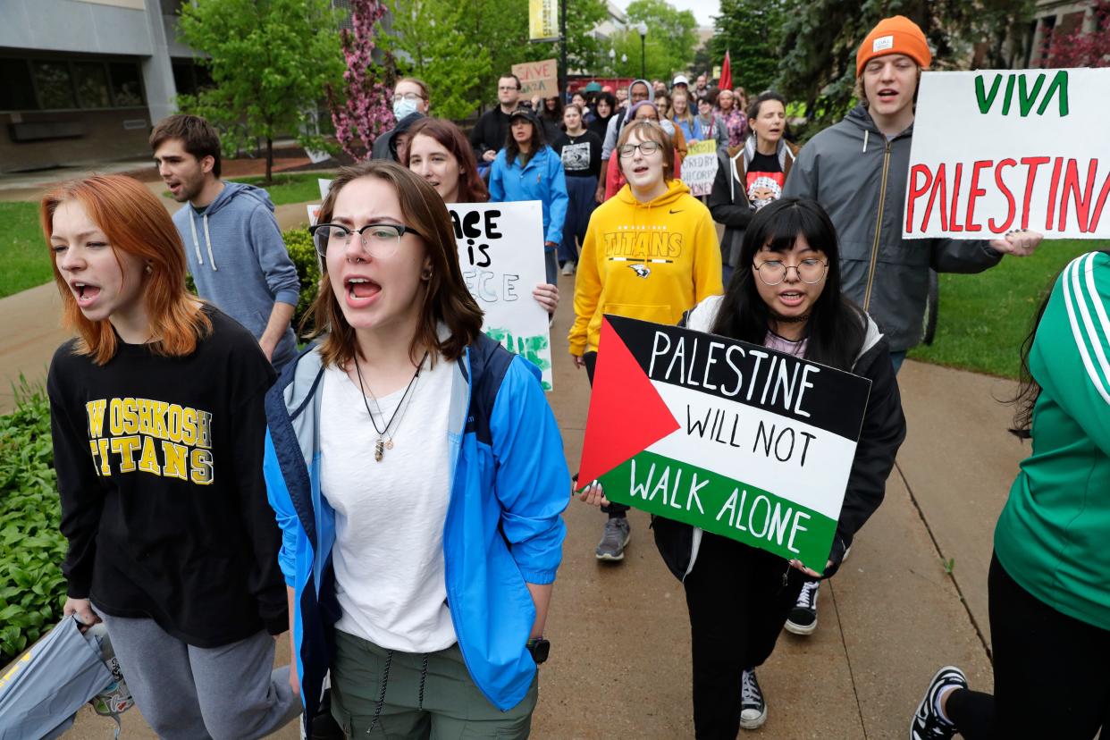 Students and citizens participate in a march for Palestine Tuesday, May 7, 2024, at the University of Wisconsin-Oshkosh in Oshkosh, Wisconsin. The OSSA (Oshkosh Student Socialist Association) organized the protest, and the UWO College of Democrats, SDS, and UWO Disability Advocates cosponsored the event.