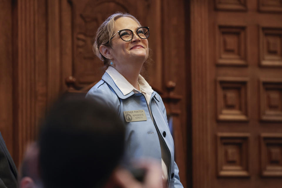 State Rep. Esther Panitch, D-Sandy Springs, smiles after the passing of an antisemitism bill during a legislative session, Thursday, Jan. 25, 2024, in Atlanta. The Georgia Senate passed a bill on Thursday to define antisemitism in state law, putting the measure on track for final passage, with Republicans uniting in support of Israel's war on Hamas and some Democrats splitting over fears of suppressing support for Palestinians. (Natrice Miller/Atlanta Journal-Constitution via AP)