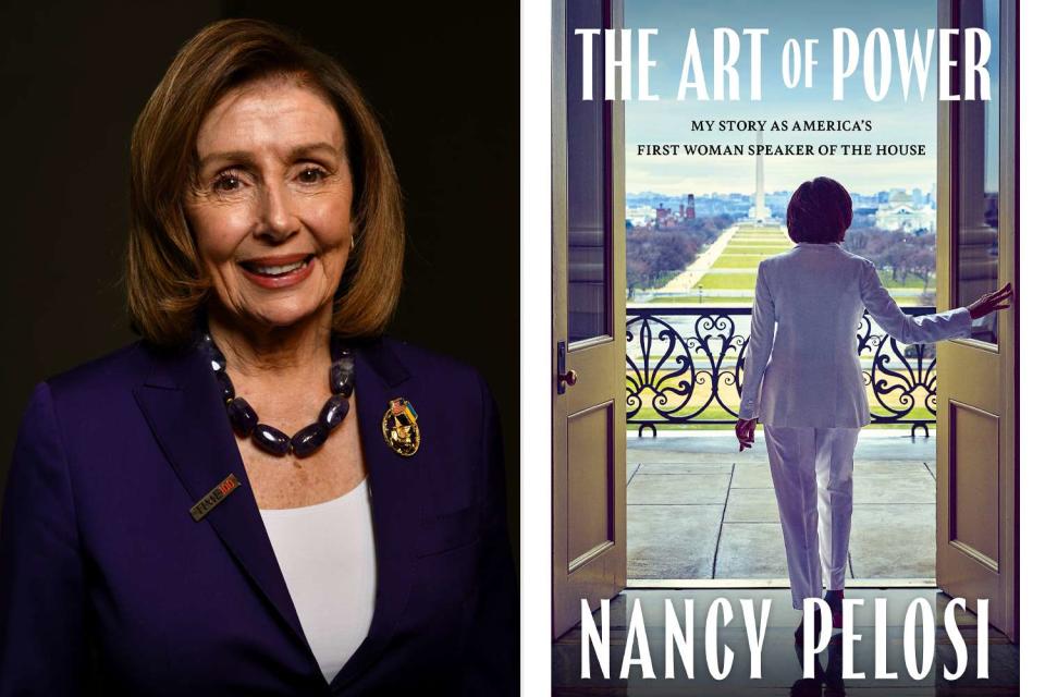 <p>Craig Barritt/Getty, Simon & Schuster</p> Nancy Pelosi and the cover for 