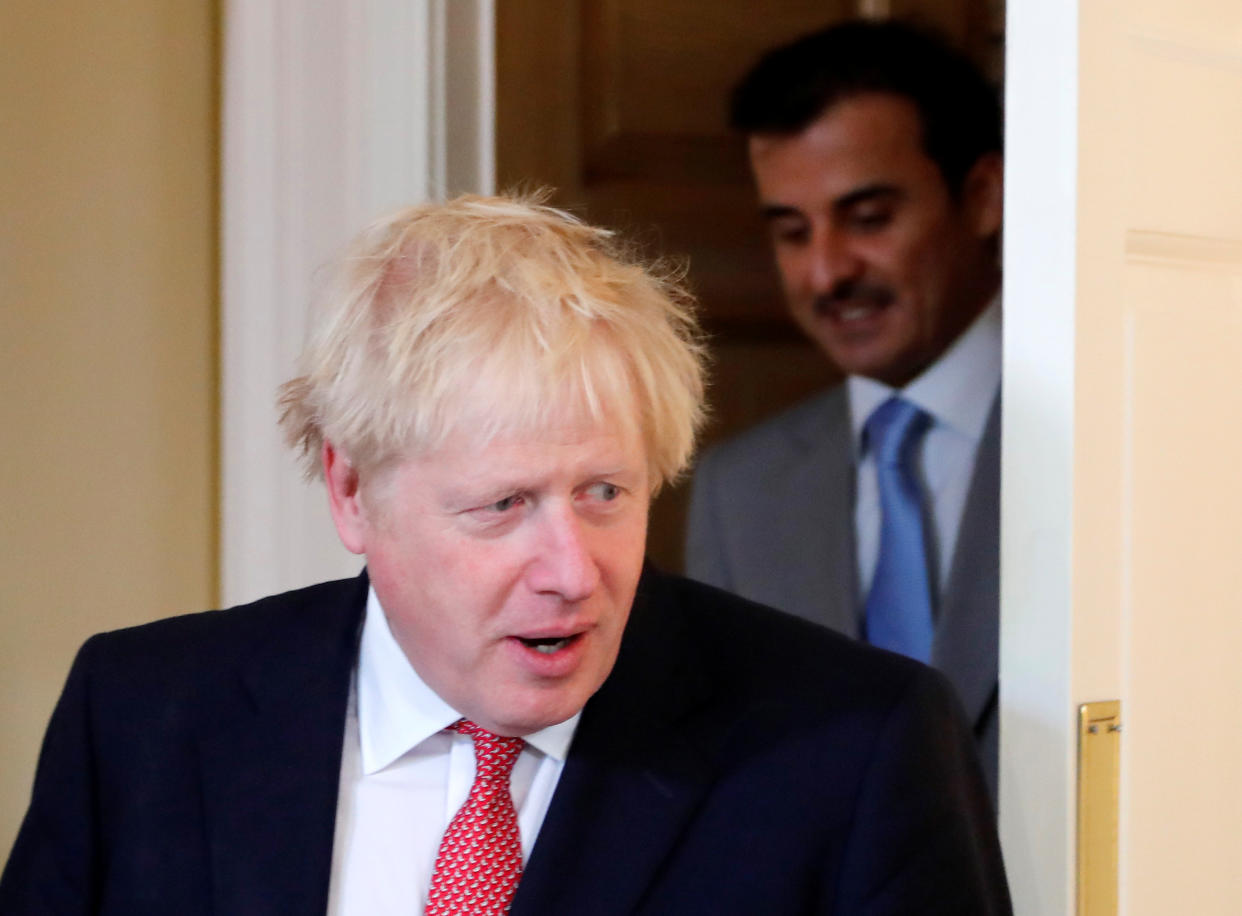 Britain's Prime Minister Boris Johnson meets with Qatar's Emir Sheikh Tamim bin Hamad Al Thani at Downing Street in London, Britain September 20, 2019 Frank Augstein/Pool via REUTERS