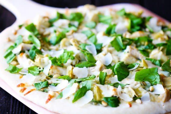 <strong>Get the <a href="http://www.gimmesomeoven.com/spinach-artichoke-chicken-pizza/">Spinach Artichoke Chicken Pizza recipe</a> from Gimme Some Oven</strong>