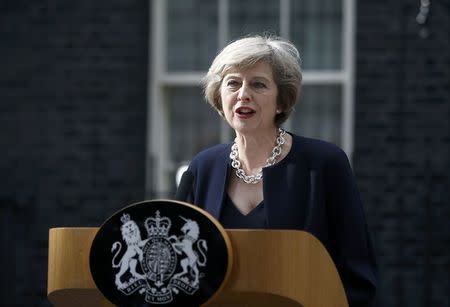 Britain's Prime Minister, Theresa May, speaks to the media outside number 10 Downing Street, in central London, Britain July 13, 2016. REUTERS/Peter Nicholls