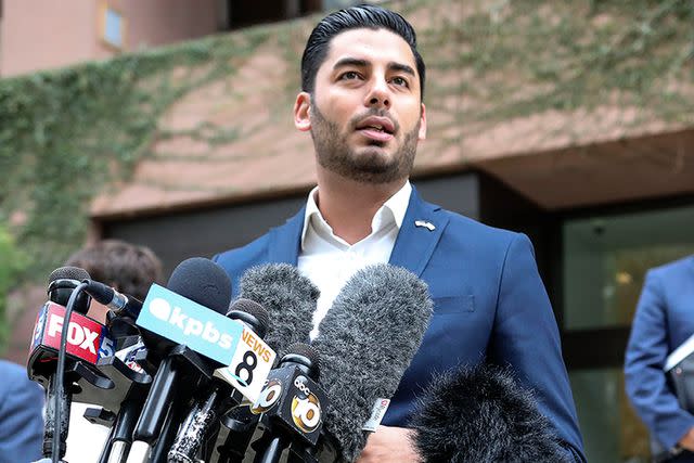 <p>Sandy Huffaker/Getty</p> Ammar Campa-Najjar speaks to media on Dec. 3, 2019, during his second congressional campaign