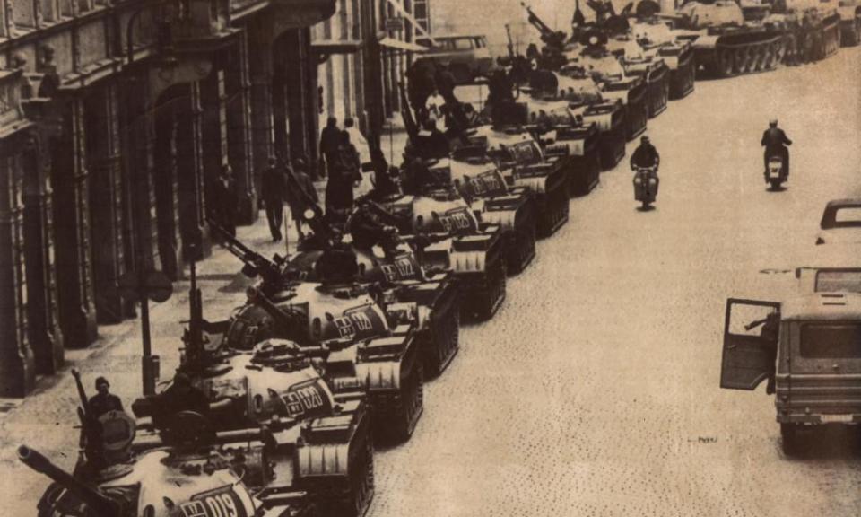 Soviet tanks lined up in a back street in Prague, on 28 August, 1968.