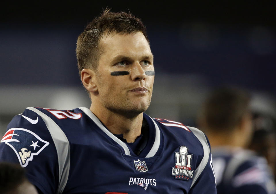 New England Patriots quarterback Tom Brady watches play from the sideline during the second half of an NFL football game against the Kansas City Chiefs, Thursday, Sept. 7, 2017, in Foxborough, Mass. (AP Photo/Michael Dwyer)