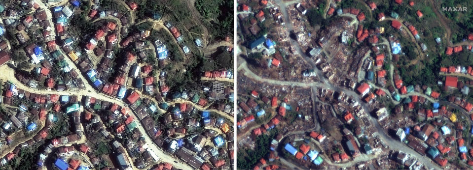 This combination of two satellite images provided by Maxar Technologies shows a comparison view of Jan. 6, 2018, left, and Dec. 18, 2021, right, before and after of the fires that recently burned numerous homes and structures in the town of Thantlang, Myanmar. More than 580 buildings have been burned since September, according to satellite image analysis by Maxar Technologies. (Satellite image ©2021 Maxar Technologies via AP)