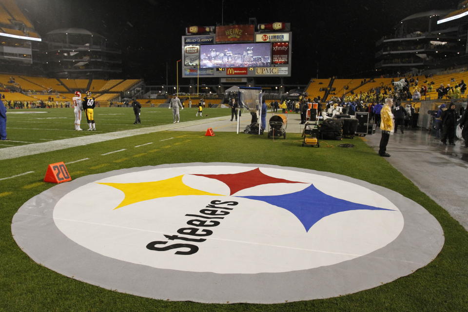 This is a Pittsburgh Steelers logo on the sidelines at Heinz Field before an NFL football game between the Pittsburgh Steelers and Kansas City Chiefs in Pittsburgh Monday, Nov. 12, 2012. (AP Photo/Gene J. Puskar)