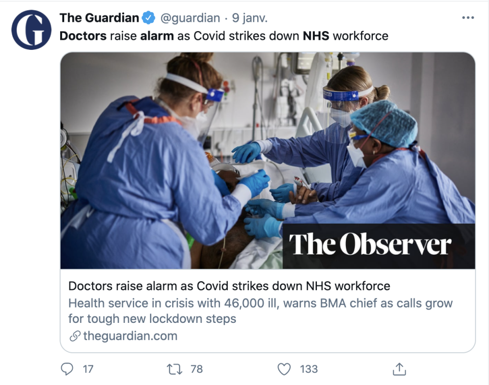 Des médecins préviennent que le Covid-19 est en train de pousser à bout les soignants de la NHS. Capture d'écran Twitter @guardian