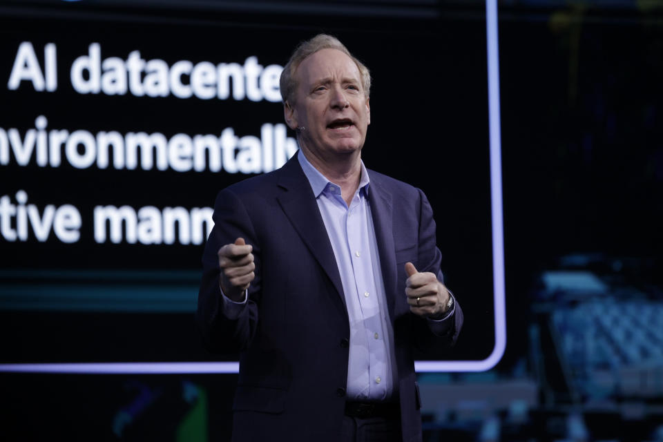 BARCELONA CATALONIA, SPAIN - FEBRUARY 26: Microsoft CEO Brad Smith speaks during the MWC session 'New strategies for a new era' on the first day of the 18th edition of the Mobile World Congress (MWC) at Fira de Barcelona's Gran Via venue in L'Hospitalet de Llobregat on February 26, 2024, in Barcelona, Catalonia, Spain. The President of the Government and the King received the President of Paraguay, who is in Spain on a working visit. The president of the Generalitat has entered the enclosure before the arrival of the King without waiting to receive him. The MWC is the most important mobile technology event in the world and will be held from today until Thursday, February 29, and is expected to bring together some 95,000 attendees, 2,400 exhibitors and 1,100 speakers. (Photo By Kike Rincon/Europa Press via Getty Images)