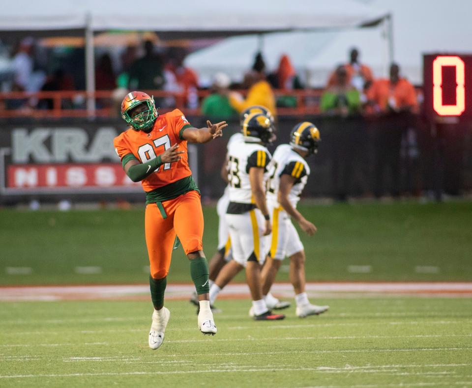 Florida A&M Rattlers defensive lineman Kamari Stephens (97) celebrates as FAMU faces Arkansas Pine-Bluff on Saturday, Oct. 29, 2022 at Bragg Memorial Stadium. 