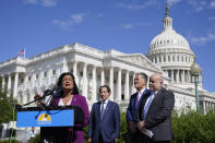 Rep. Pramila Jayapal, D-Wash., speaks at a Congressional Progressive Caucus news conference as the House meets to consider the Inflation Reduction Act, Friday, Aug. 12, 2022, on Capitol Hill in Washington. Standing with Jayapal from left are Rep. Jamie Raskin, D-Md., Rep. Mark Takano, D-Calif., and Rep. Mark Pocan, D-Wis. (AP Photo/Patrick Semansky)