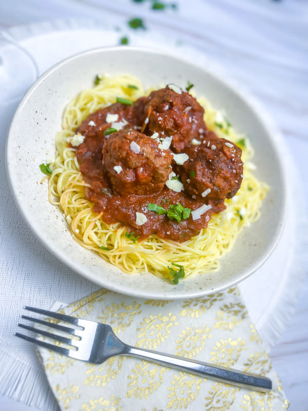 Finished bowl of Ina Garten's Real Meatballs and Spaghetti<p>Courtesy of Jessica Wrubel</p>