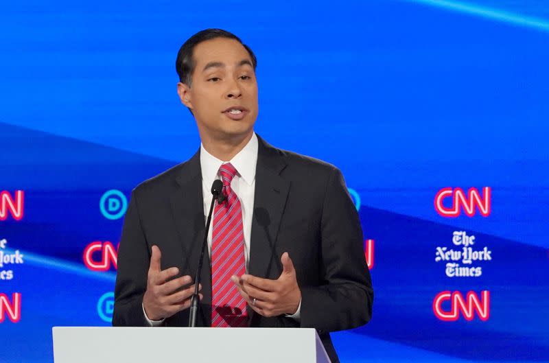 FILE PHOTO: Democratic presidential candidate and former Housing Secretary Julian Castro speaks during the fourth U.S. Democratic presidential candidates 2020 election debate in Westerville, Ohio