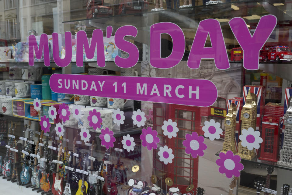 A Mum's Day message in the window of a trinket and card shop in London on March 5, 2018. / Credit: Richard Baker /In Pictures via Getty Images
