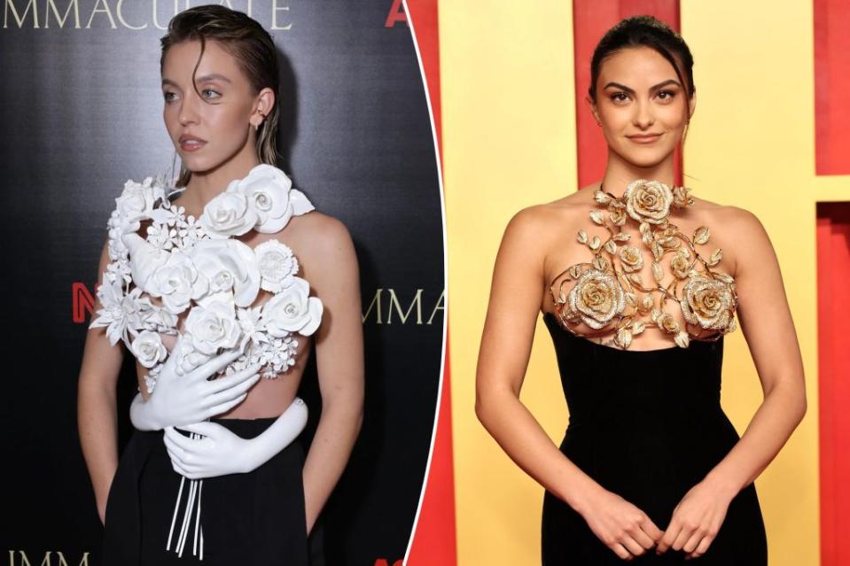 From left: Scream queen Sydney Sweeney comes bearing a bouquet of Balmain, while CW starlet Camila Mendes branches out in Tamara Ralph couture. Images: Getty