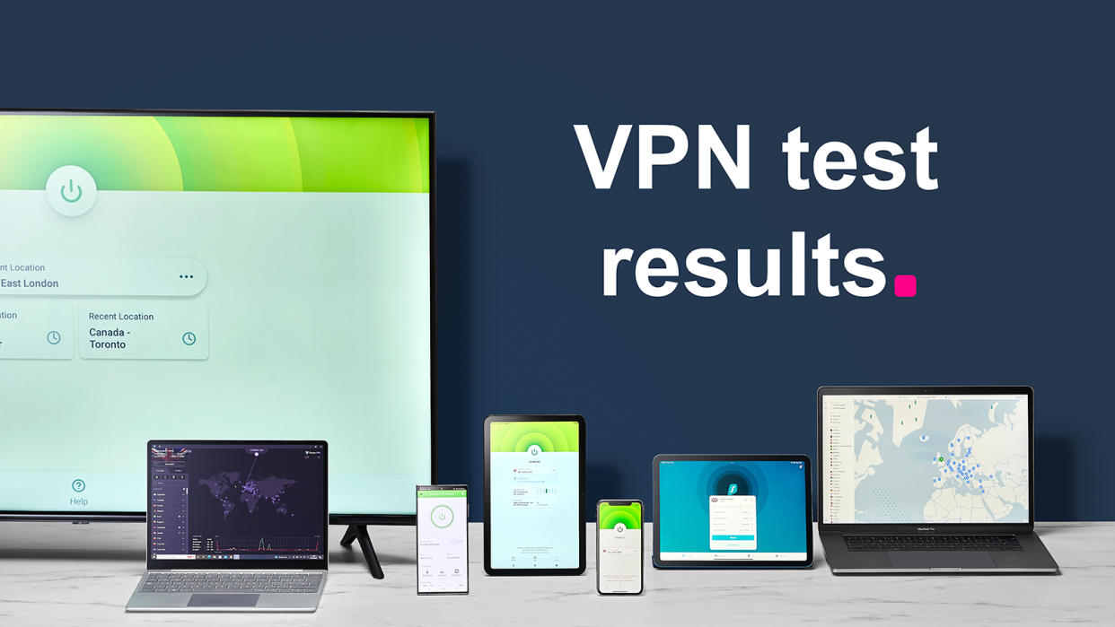  Various VPN services shown across multiple devices and platforms with "VPN test results" overlaid. 