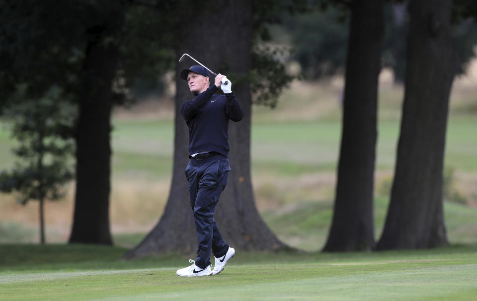 Sweden's Marcus Kinhult on the 3rd during day one of the British Masters at Close House Golf Club, near Newcastle, England, Wednesday July 22, 2020. The European Tour resumes in earnest after its pandemic-induced shutdown with the British Masters starting Wednesday. (Mike Egerton/PA via AP)