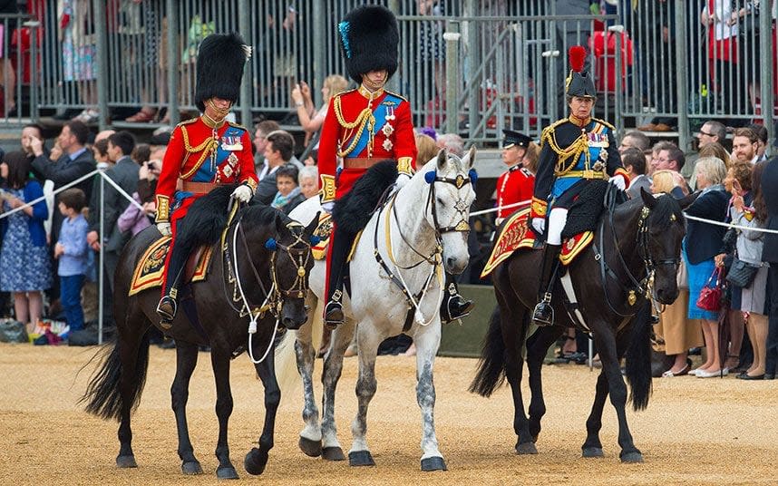 The Prince of Wales, the Duke of Cambridge and the Princess Royal during Trooping the Colour at Horse Guards Parade - Credit: PA