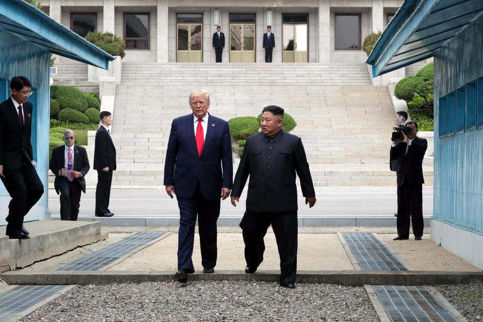 North Korean leader Kim Jong Un and  President Donald Trump inside the demilitarized zone (DMZ) separating the South and North Korea on June 30, 2019 in Panmunjom, South Korea.