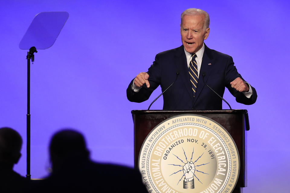 Former Vice President Joe Biden speaks at the International Brotherhood of Electrical Workers construction and maintenance conference in Washington, Friday, April 5, 2019. (Photo: ASSOCIATED PRESS)