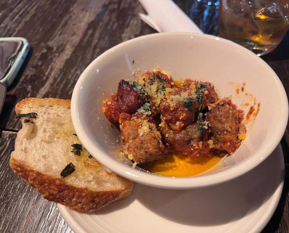 Tasty meatball bites at the Thirsty Fox, during the Bites of the Bluegrass walking food and history tour of downtown Lexington, Ky on March 21, 2024.